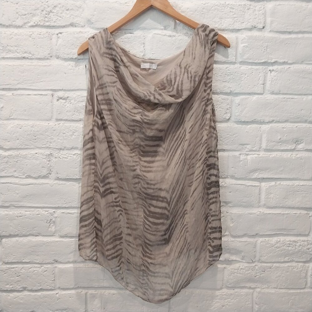 100% Silk Blouse Top Large Beige Gray Animal Print by Dolce Ragazza Italy Made,